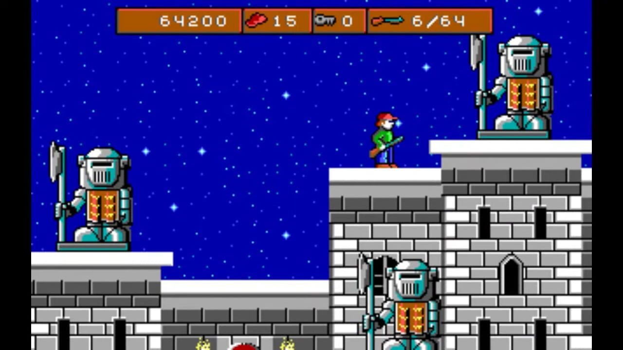 A side-scrolling platformer screenshot displaying a red-haired protagonist holding a rifle, positioned on a gray brick platform in the center. Three identical robot guards with turquoise bodies and orange chest panels stand on various platforms throughout the level. A starry deep blue background fills the upper half, while white and gray brick architecture comprises the lower half with castle-like features including a recessed doorway. The HUD at the top shows a score of 64200, 15 ammunition rounds, 0 lives remaining, and 6 out of 64 collected items. Small yellow and red decorative objects appear at ground level.