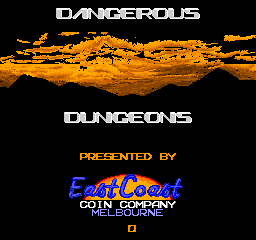 A black title screen displays the white text "DANGEROUS DUNGEONS" centered vertically, with an orange jagged mountain or terrain graphic above it. Below the title, white text reads "PRESENTED BY" followed by blue stylized text reading "EastCoast" and smaller white text stating "GOIN' COMPANY MELBOURNE". A small yellow square appears in the bottom-center corner. The overall design uses a limited color palette of black, white, orange, and blue against a solid black background.
