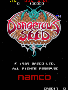 The Dangerous Seed title screen displays a large ornamental logo in pink and purple with a teal turquoise crest at the top center, set against a black background. Below the logo appears copyright text reading "© 1989 NAMCO & LTD." and "ALL RIGHTS RESERVED" in white pixelated font. The Namco publisher credit appears in red text at the bottom, with small "CREDIT 1" text in the lower left corner. The screen uses a 16-bit arcade color palette with sharp sprite-based graphics typical of late-1980s arcade hardware.