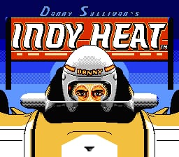 The title screen features the orange and white "INDY HEAT" logo centered at the top against a blue background. Below it, a pixelated race driver wearing a white helmet with black and yellow detailing sits in the cockpit of a bright yellow race car, viewed from a front-facing perspective. The driver's face is visible through the helmet opening. The car's windshield and front grille are clearly defined in the 8-bit sprite art. "Danny Sullivan's" appears in italics above the main title.