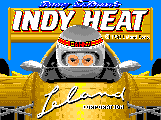 The title screen features a large yellow race car viewed from above with a driver's face visible in the cockpit, centered against a bright blue background. The game title "INDY HEAT" appears in white text on an orange banner across the upper portion, with "Danny Sullivan's" in smaller text above it. A yellow "Leland Corporation" logo is positioned in the bottom center, and the overall composition uses bright primary colors typical of early 1990s arcade graphics.