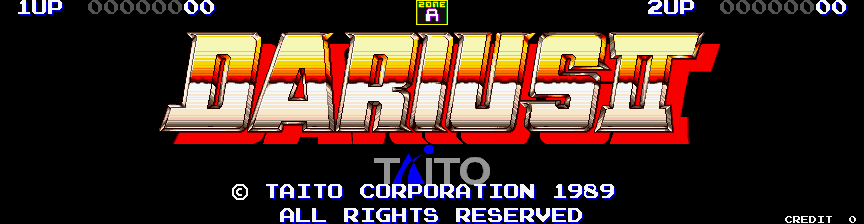 The title screen displays 'DARIUS II' in large gold and red gradient lettering centered on a black background. Score indicators for 1UP and 2UP appear in the top corners with dot counters. Below the title, white text reads '© TAITO CORPORATION 1989' and 'ALL RIGHTS RESERVED'. A small Taito logo badge is visible in the upper right. The bottom right corner shows 'CREDIT' text. The overall aesthetic uses a bold, pixelated arcade style with warm color contrast against the dark background.