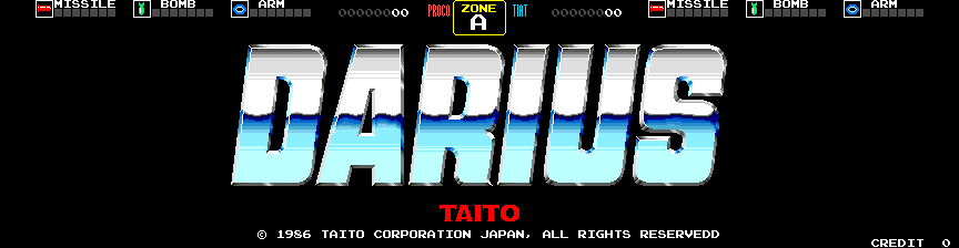 The title screen features the word DARIUS in large white letters with a cyan-to-white gradient fill, centered on a black background. Red text reading TAITO appears directly below the title. The top of the screen displays a horizontal status bar with weapon icons (MISSILE, BOMB, ARM) on both left and right sides, along with score indicators and a ZONE counter showing the current game level. A copyright notice for Taito Corporation Japan from 1986 is positioned in the lower portion of the screen.