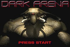 A muscular humanoid figure with gray-brown skin and prominent musculature dominates the center of the title screen against a dark background with dramatic lighting. The "DARK ARENA" logo appears at the top in red neon-style lettering, while "PRESS START" is displayed in red text at the bottom center. The character's design uses 3D modeling with shadowed details emphasizing defined muscles and a broad silhouette.
