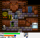 A top-down dungeon room displays a player character in light blue standing in the center of a brown-brick corridor. Wooden doors and gray stone walls fill the space, with various interactable elements scattered throughout. The UI strip at bottom shows three life icons, ammunition counter, and a weapon icon. The pixel art uses a limited color palette of browns, grays, and blues typical of NGPC hardware, rendered at low resolution with visible pixelation across all sprites and backgrounds.