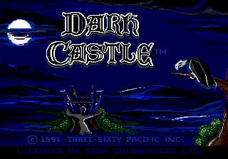 The title screen displays "DARK CASTLE" in large white outlined letters centered on a dark blue starry night sky background. A crescent moon appears in the upper left, with a black silhouetted castle tower visible in the center-left. Green glowing projectiles or magical effects move horizontally across the screen. A copyright notice for 1991 Three-Sixty Pacific Inc. appears at the bottom. The overall aesthetic uses a dark color palette with blue tones and pixel-art sprite style typical of early 1990s Sega Genesis graphics.