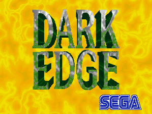The title screen displays large green and dark blue blocky letters spelling "DARK EDGE" centered against a bright yellow textured background with flame-like patterns. The SEGA logo appears in blue text with a white outline in the lower right corner. The lettering uses a pixelated arcade-style font typical of early 1990s Sega arcade games.