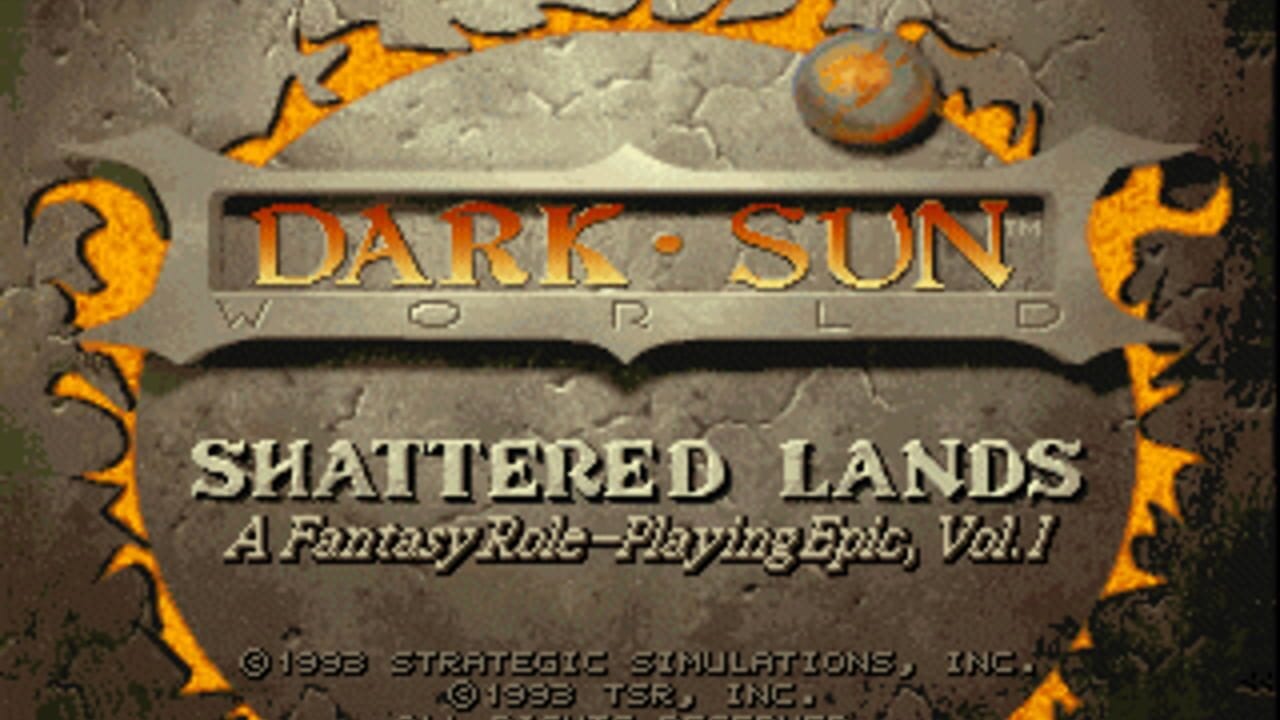 A title screen for Dark Sun: World displays the game's logo in orange and tan text on a weathered stone background. Below reads "Shattered Lands - A Fantasy Role-playing Epic, Vol.1" in cream-colored text. Decorative yellow flame or fire shapes border the left and right edges of the central banner. Copyright text for Strategic Simulations, Inc. and TSR, Inc. appears at the bottom in small gray lettering. The overall aesthetic uses earth tones and a textured stone surface as the backdrop.