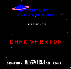 The title screen displays a black background with a pink spaceship sprite in the upper portion. Blue text reading 'CENTURY ELECTRONICS' appears near the top, followed by white text saying 'PRESENTS' below it. The game title 'DARK WARRIOR' is rendered in red pixelated text in the center. At the bottom, white text displays 'CENTURY ELECTRONICS 1981' with a copyright symbol. Stars are scattered across the black background, creating a space-themed visual.