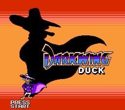 A silhouette of Darkwing Duck in mid-flight dominates the center of the screen against an orange and red gradient background. The character is shown in profile, diving downward with wings spread. Below the silhouette, the title "DARKWING DUCK" appears in blue and white pixelated text with a purple swoosh accent. A small purple explosion or impact effect is visible near the duck's feet. In the bottom-left corner, white text reads "PRESS START" against the red border. The overall art style uses 8-bit sprite graphics typical of NES games.