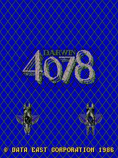 The title screen displays "DARWIN 4078" in large gray and yellow pixelated text centered on a blue background with a yellow diamond mesh pattern. Two symmetrical yellow spaceship sprites flank the title, positioned left and right of center. At the bottom, yellow text reads "© DATA EAST CORPORATION 1986" against the same patterned blue backdrop.