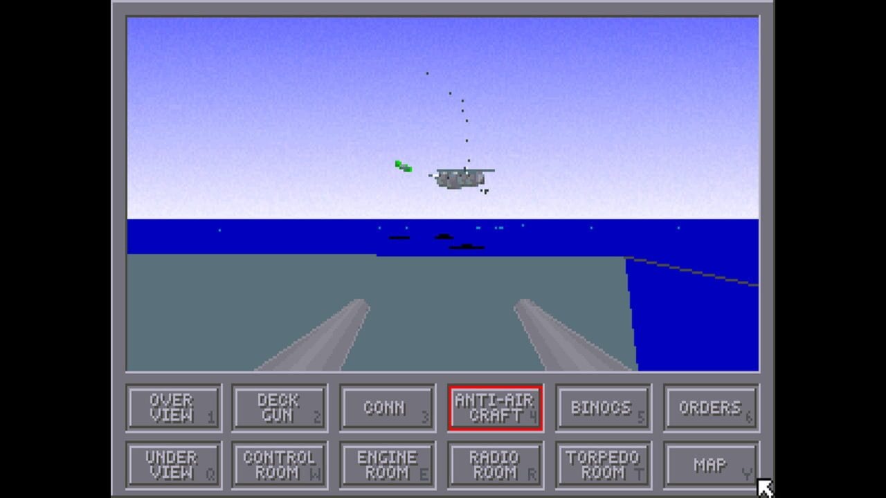 A submarine warfare interface displays an overhead tactical view with a gray helicopter and green projectiles in the sky above blue water. The lower portion shows a first-person periscope perspective with two gray cone shapes representing the view geometry. A blue water line divides the upper and lower viewports. Twelve gray command buttons arranged in two rows span the bottom, including labeled functions like OVERVIEW, DECK GUN, CONN, ANTI-AIR CRAFT, BINOCS, ORDERS, UNDER VIEW, CONTROL ROOM, ENGINE ROOM, RADIO ROOM, TORPEDO ROOM, and MAP. The ANTI-AIR CRAFT button is highlighted in red.