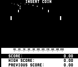 The title screen displays "INSERT COIN" text centered at the top in white letters against a black background. Below is a horizontal score meter with tick marks ranging from 00 to 200. A white status panel at the bottom shows three rows of text: "SCORE: 0.00", "HIGH SCORE: 0.00", and "PREVIOUS SCORE:" with corresponding values displayed to the right. The overall layout uses simple white monospace typography on black, typical of mid-1970s arcade hardware.