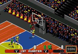 An isometric basketball court view shows a player in a blue uniform positioned near the basket on the left side of the court. A yellow-and-red crowd fills the stadium stands above. The court floor features orange, blue, and yellow sections. The scoreboard displays "1ST QUARTER" and other game information in the lower-right corner. The art style uses bright, flat colors typical of early 16-bit sprite graphics with a pixelated appearance.