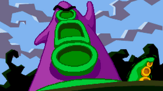 A large purple tentacle with a gaping green mouth dominates the center of the screen, viewed from below against a light blue sky with gray cloud shapes. Two silhouetted figures stand in the foreground at ground level—one on the left in black, and one on the right wearing yellow and orange. The art style uses bold colors, simple shapes, and low-resolution pixel graphics typical of early 1990s adventure games.