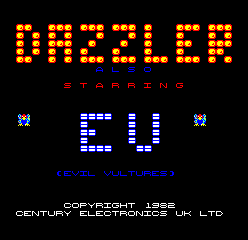 The title screen displays "DAZZLER" in large orange pixelated letters at the top, with "STARTING" in smaller red text below. Centered in the middle are two white rectangular blocks forming the number "20" in a blocky font, flanked by small blue "M" characters on each side. Below this reads "LEVEL 01-WAVE 01" in blue text. At the bottom, copyright information states "COPYRIGHT 1982 CENTURY ELECTRONICS UK LTD" in white text against the black background. The entire design uses a limited color palette of orange, white, blue, and red against a black backdrop typical of early 1980s arcade aesthetics.