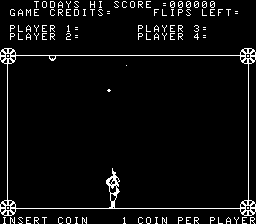 A black arcade screen displays 'DEAD EYE' at the top with score and game credit information. The play area shows a white-outlined square border with corner decorative elements. In the center stands a pixelated white cowboy figure in a characteristic gunslinger stance. Text at the bottom reads 'INSERT COIN' and 'COIN PER PLAY'. A single white dot floats near the top center of the play field. Player 1 and Player 3 indicators appear in the upper corners.