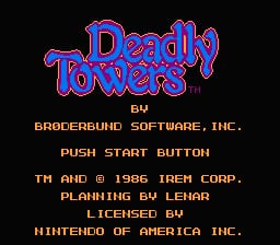 The title screen displays "Deadly Towers" in large blue and red pixelated letters at the top center against a black background. Below the title, orange text lists publisher and developer credits: "BY BRODERBUND SOFTWARE, INC.", followed by "PUSH START BUTTON". Further down in white text are additional credits: "TM AND © 1986 IREM CORP.", "PLANNING BY LENAR", "LICENSED BY", and "NINTENDO OF AMERICA INC." The entire layout uses a basic eight-bit font style typical of NES-era title screens.