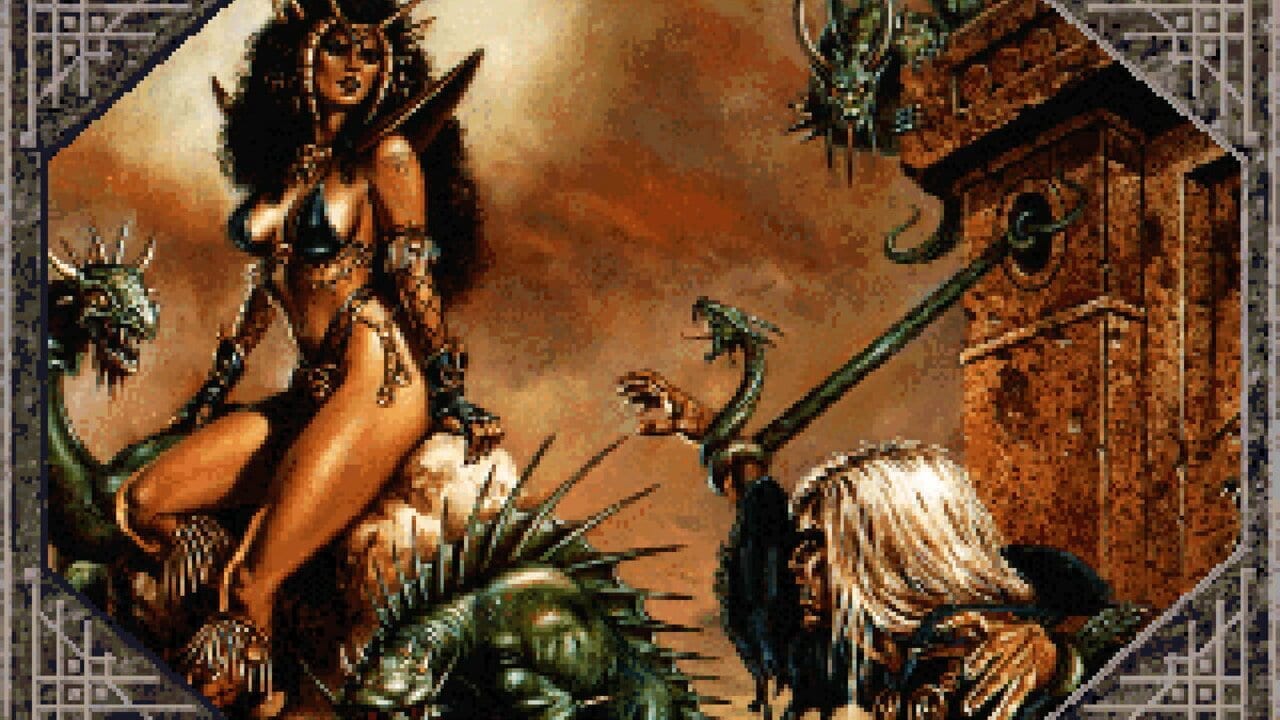 A fantasy scene featuring a dark-haired woman in black armor and bikini-style clothing sitting on a green dragon, positioned on the left side. A blonde warrior in brown leather armor stands to the right, with a stone building visible behind them. The background shows warm orange and brown tones suggesting a desert or volcanic setting. Green serpentine dragons frame the composition, and decorative architectural elements with geometric patterns border the scene. The pixel art uses a limited color palette typical of early 1990s DOS graphics.