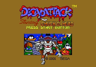 The title screen displays "DECAPATTACK" in large red and blue pixelated letters at the top with a Sega trademark symbol. Below is yellow text reading "Starring Chuck D. Head" followed by "PRESS START BUTTON" in white. A horizontal band in the middle shows a cartoon illustration of a mummy-like character with wrapped head and crossed arms, flanked by smaller monster figures including ghosts and other creatures against a blue sky background. The bottom displays the 1991 Sega logo centered on a tan background.
