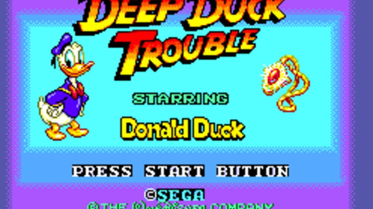 A title screen for Deep Duck Trouble features large yellow and red pixelated text at the top. Donald Duck stands on the left side wearing a blue jacket and red sailor suit, with a question mark icon positioned on the right. Below, green text reads "STARRING" followed by "Donald Duck" in yellow. At the bottom, white text instructs "PRESS START BUTTON" with the SEGA logo and copyright information displayed beneath. The background is light cyan with purple borders framing the screen.