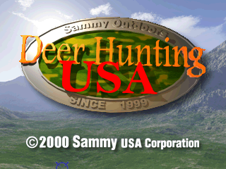 The title screen displays a large oval logo reading 'Deer Hunting USA' in orange and red text centered over a landscape photograph of green mountains and valley terrain beneath a blue sky with white clouds. The logo features 'Sammy Outdoor' text along the top curve and 'Since 1999' along the bottom curve. A copyright notice for Sammy USA Corporation dated 2000 appears in white text at the bottom of the screen.