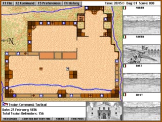 A top-down tactical view displays the Alamo's interior layout with tan-colored floors, brown wooden walls and structures, and blue water elements running along the bottom edge. A status panel at the top shows mission commands, troop information, and performance metrics. The right side contains three smaller tactical reference windows showing terrain views. The left sidebar displays a compass, unit status indicators, and control options. Pixel-art style graphics typical of early 1990s DOS strategy games are rendered in a limited color palette of browns, tans, and blues.