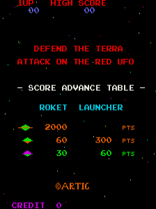 The title screen displays red text reading "DEFEND THE TERRA" and "ATTACK ON THE RED UFO" centered on a black starfield background. Below sits a white "SCORE ADVANCE TABLE" header with a three-row point structure showing a rocket launcher icon worth 2000 points, and two other sprites worth 300 and 60 points respectively. The developer credit "ARTIC" appears in orange text at the bottom left, with "CREDIT 0" in magenta at the lower left corner. The overall layout uses a simple pixel-based arcade aesthetic with red, cyan, yellow, and magenta text colors against the dark background.