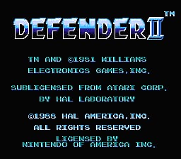 The title screen displays 'DEFENDER II' in large pixelated letters at the top in blue and white. Below are several lines of white text on a black background listing credits: 'TM AND (C)1984 WILLIAMS ELECTRONICS GAMES, INC.', 'SUBLICENSED FROM ATARI CORP. BY HAL LABORATORY', 'O1985 HAL AMERICA, INC. ALL RIGHTS RESERVED', and 'LICENSED FROM NINTENDO OF AMERICA INC.' at the bottom. The overall aesthetic uses a simple monochrome color scheme typical of NES title screens.