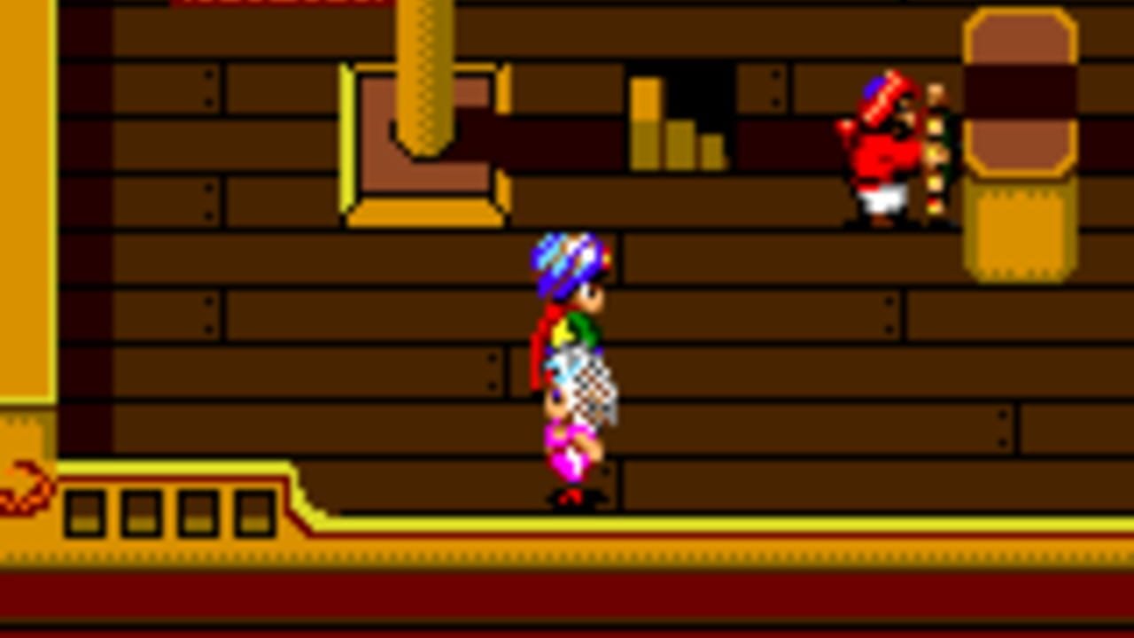 A character with blue hair and colorful armor stands in the center of a wooden interior corridor on brown floorboards. A red enemy sprite appears in the upper right corner of the screen. Yellow architectural elements frame the left and right edges, while a four-slot inventory bar is visible at the bottom left. The scene uses pixel art with a tan and brown color palette typical of Game Gear's technical limitations.
