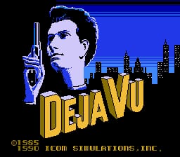 A male character in profile faces left while holding a revolver, rendered in blue and gray pixel art against a black background. Below him, the gold-lettered title "DEJA VU" dominates the center. A stylized cityscape with tall buildings appears in the background. At the bottom, white text reads "©1986 ICOM SIMULATIONS, INC." indicating the copyright and developer information.