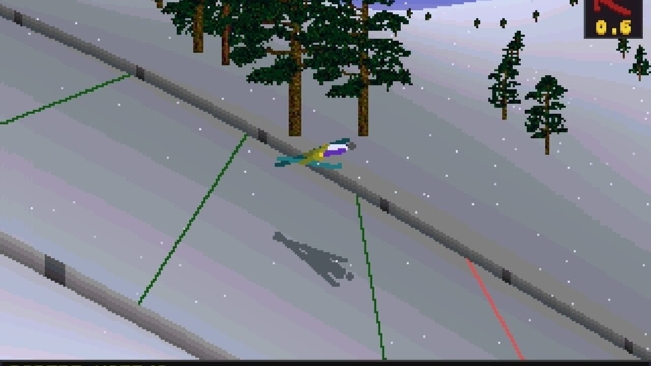 A skier in yellow and white descends a snowy slope viewed from an isometric perspective, with green guide lines marking the ski jump path. A gray stone wall runs along the right side of the slope, and evergreen trees with brown trunks scatter across the upper portion of the landscape. Snow particles fall gently across a purple-tinted sky. A score display showing "0.6" appears in the upper right corner. The terrain uses low-resolution pixelated sprites typical of early 2000s DOS graphics.