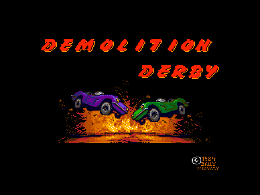 The title screen displays "DEMOLITION DERBY" in large red pixelated text against a black background. Below the title, a purple car and a green car are shown mid-collision above an orange explosion with debris scattered outward. A copyright notice for Bally Midway appears in the lower right corner. The sprite-based graphics use a limited color palette typical of early 1980s arcade hardware.