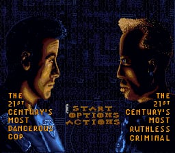 Two pixelated male faces appear in profile facing each other against a dark blue textured background. Yellow text on the left reads "THE 21ST CENTURY'S MOST DANGEROUS COP" while text on the right states "THE 21ST CENTURY'S MOST RUTHLESS CRIMINAL." Gold lettering spelling "DEMOLITION MAN" is centered between the faces. The artwork uses a low-resolution sprite style typical of SNES graphics with a limited color palette of blues, yellows, and skin tones.