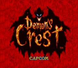 A red textured background displays the title "Demon's Crest" in large golden-orange letters with a demonic silhouette looming behind it. The Capcom logo appears centered below the title in white text. The overall composition uses a dark fantasy aesthetic with flame-like coloring in the logo design against the deep red backdrop.