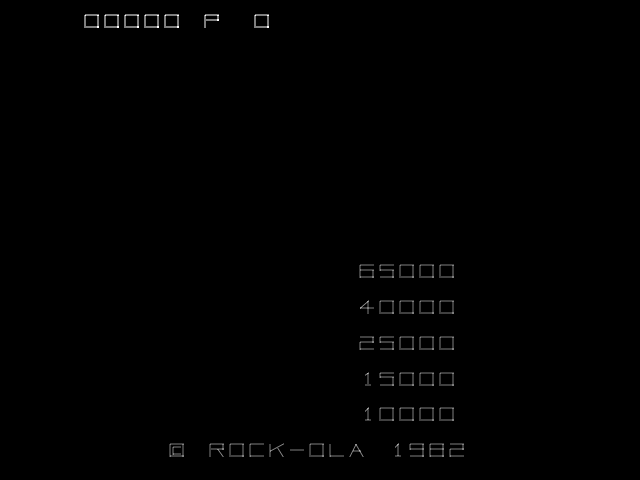 A black screen displays right-aligned score values in outlined pixel text: 65000, 40000, 25000, 15000, and 10000. At the bottom left, white outlined text reads "© ROCK-OLA 1982". At the top left, six small outlined squares appear in a row. The overall layout suggests a high-score or attract screen for the arcade game.