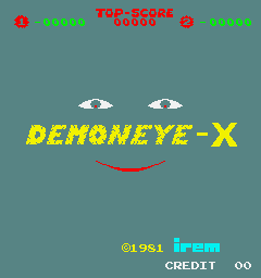 The title screen displays a large yellow pixelated face with two white circular eyes and a red curved mouth against a teal background. Red circular icons flank the top corners, with green text reading "TOP SCORE" and "00000" on the upper left and "00000" on the upper right. The yellow text "DEMONEYE-X" spans the center below the face. At the bottom, cyan and white text shows "©1981 IREM" on the left, "CREDIT" in the center, and "00" on the right. The overall presentation uses simple geometric shapes and a limited color palette typical of early 1980s arcade graphics.