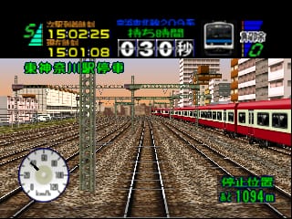 A first-person view from a train cabin looking down parallel railway tracks stretching into the distance. Two trains are visible on adjacent tracks—a red and white passenger train on the right side and a brown/tan train on the left. The left side shows urban buildings and industrial structures in isometric perspective. A heads-up display panel occupies the upper portion with green and blue text showing time stamps (15:02:25, 15:01:08, 03:0), speed gauge, and status indicators. A circular analog clock appears in the lower left corner. The scene uses a low-resolution 3D polygon style typical of N64 graphics with a muted color palette of browns, grays, and earth tones.