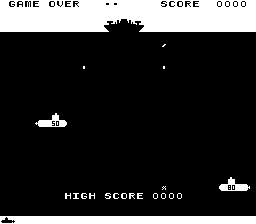 A black-and-white arcade title screen shows 'GAME OVER' text in the upper left and 'SCORE 0000' in the upper right. Two white submarine sprites are visible—one on the left side and one on the right side of the screen against the black background. The center displays 'HIGH SCORE 0000' in white text. Small white dots representing depth charges or explosions are scattered in the upper portion of the screen. The image uses a simple monochromatic pixel art style typical of 1977 arcade hardware.
