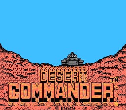 The title screen displays "DESERT COMMANDER" in large orange pixelated letters centered on the screen. Above the text sits a small military tank sprite. The background shows a bright blue sky with two rocky desert hillsides in reddish-brown tones flanking the sides, creating a symmetrical landscape composition typical of NES-era graphics.