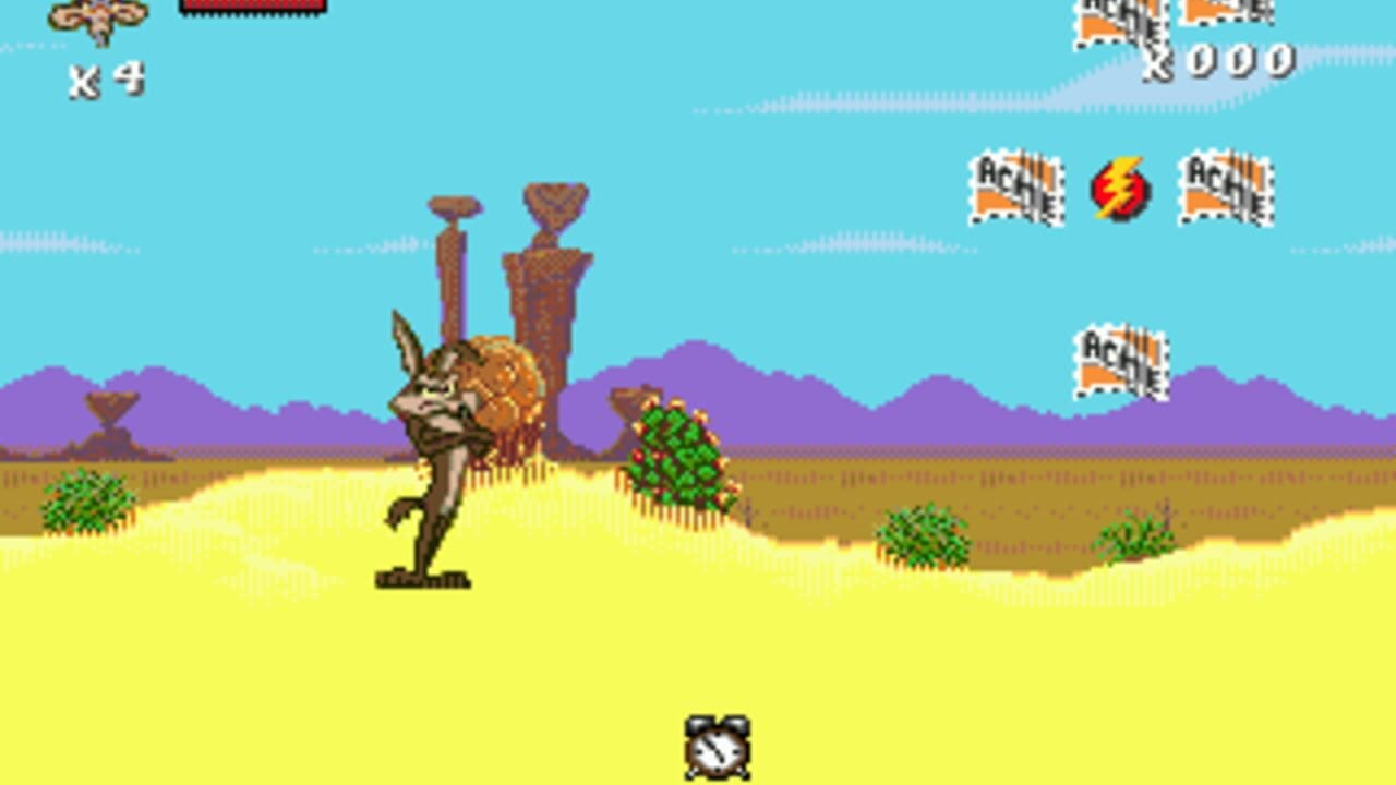 A coyote character stands on sandy terrain holding a large wooden club and a wooden structure, facing right. The desert landscape features purple mountains in the background, green cacti and bushes scattered across tan and yellow ground, and a wooden tower structure behind the character. The top-left corner displays a small sprite icon with 'x4' counter. The right side shows three score/item displays with orange 'ACME' stamp icons, a yellow lightning bolt symbol, and a '0000' score counter. A small star-burst sprite appears at the bottom center. The scene uses a limited 16-bit color palette with light cyan sky, brown terrain, and purple distant mountains.