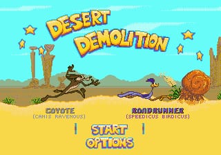 The title screen displays "Desert Demolition" in large yellow letters at the top center, flanked by orange stars. Below, a desert landscape with tan sand, blue sky, and brown rock formations stretches across the background. The Road Runner sprite appears on the left side riding a vehicle, while Wile E. Coyote is visible on the right near a large circular object. Character names "Coyote (Chris Shumate)" and "Road Runner (Federico A Matos)" are labeled in white text. A "Start" button and "Options" menu choice are centered at the bottom in yellow text. The overall art style uses bright, flat colors typical of 16-bit sprite-based games.