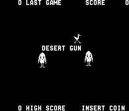 The title screen displays 'DESERT GUN' centered in white pixelated text against a black background. Two white-colored cowboy figures stand symmetrically on either side of the title, with a small gun sprite positioned above the text. At the top left, 'O LAST GAME' and 'SCORE' appear in white text with 'O' at far left and 'D' at far right. At the bottom, 'O HIGH SCORE' is shown on the left and 'INSERT COIN' on the right in white text, maintaining the same letter-spacing pattern with 'O' and 'D' markers at the edges.