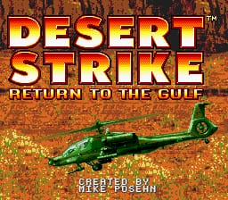 The title screen displays "DESERT STRIKE" in large yellow and red gradient letters against a textured brown desert background. Below the main title, white text reads "RETURN TO THE GULF." A green military helicopter is positioned in the center-right of the screen, rendered in sprite form. At the bottom, small white text credits the game as "SNES" developed by Visual Concepts. The overall color palette consists of warm desert tones with bright title text, typical of early 1990s SNES graphics.