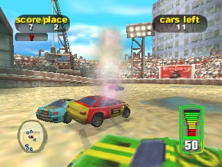 A demolition derby arena viewed from above shows two cars colliding in the center of a dusty oval track surrounded by grandstands filled with spectators. On-screen UI elements include a radar map in the lower-left corner, a green fuel or health bar on the right side marked with "50", yellow text labels reading "score place" and "cars left" in the upper corners, and a green pit lane section visible at the bottom. The arena features concrete structures and red barriers, with a blue sky and clouds visible above. Both cars display bright primary colors—yellow and red—rendered in the blocky, low-polygon style characteristic of Nintendo 64 graphics.
