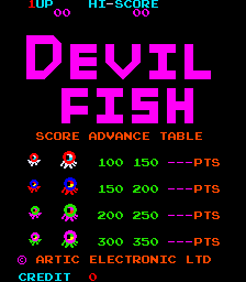 The title screen displays 'DEVIL FISH' in large magenta pixelated letters at the center. Below is a 'SCORE ADVANCE TABLE' listing four rows of sprite pairs with corresponding point values: 100/150, 150/200, 200/250, and 300/350 points. Each row shows two small colorful fish-like sprites in cyan and magenta. At the bottom, cyan text reads '© ARTIC ELECTRONIC LTD' with a 'CREDIT' indicator. The background is black with cyan 'UP' and score display text in the upper left corner.