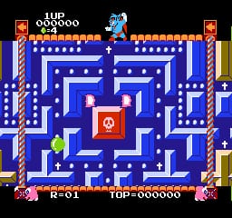 A blue maze filled with white dots occupies the center of the screen, with a red square containing a demonic face at the very center. A blue character sprite stands in the upper portion of the maze. The top of the screen displays "SUP MARIO BROS" in orange text with a score counter on the left and a mushroom icon on the right. The bottom shows a red score display reading "TOP : 000000" with a player indicator marked "1" on the right side. Orange and brown brick patterns frame the maze's edges. The entire scene uses the limited NES color palette with orange, blue, red, white, and black as primary colors.