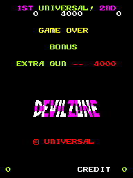 A black background displays yellow and magenta text elements typical of early 1980s arcade typography. At the top, score information reads "1ST UNIVERSAL 2ND" with values, followed by "GAME OVER" in yellow. Below that, "BONUS" and "EXTRA GUN -- 4000" appear in yellow, with 4000 shown in red. The title "DEVIL ZONE" appears prominently in large magenta pixelated letters in the center. The Universal copyright symbol and text sit underneath, with "CREDIT" aligned at the bottom corners in yellow text.