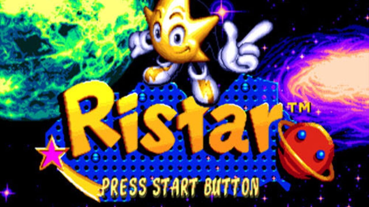 The title screen displays 'Ristar' in large golden letters with a trademark symbol. A yellow star-shaped character with white gloves and a smiling face appears in the upper portion, positioned above the title. A red spherical object with blue spots sits to the right of the logo. A bright magenta star appears to the left. The background features colorful abstract elements including green and yellow swirling patterns on the left, and purple and blue cosmic effects on the right with pink starburst shapes. Yellow text at the bottom reads 'PRESS START BUTTON'. The overall color palette is vibrant with neon blues, yellows, magentas, and greens against a black background.
