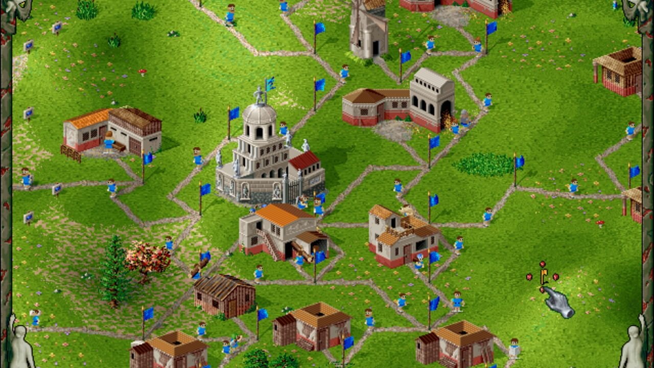 An isometric view of a settlement built on green grass with gray stone pathways forming a grid. A large domed cathedral with red roof dominates the center, surrounded by smaller residential and industrial buildings with orange and brown roofs. Dozens of blue-robed figures representing settlers populate the streets and open areas. Trees, bushes, and decorative vegetation dot the landscape. Wooden structures and storage buildings line the bottom. A cannon with targeting reticule appears in the lower right corner. The scene uses pixel art with a bright color palette typical of 1990s strategy games.